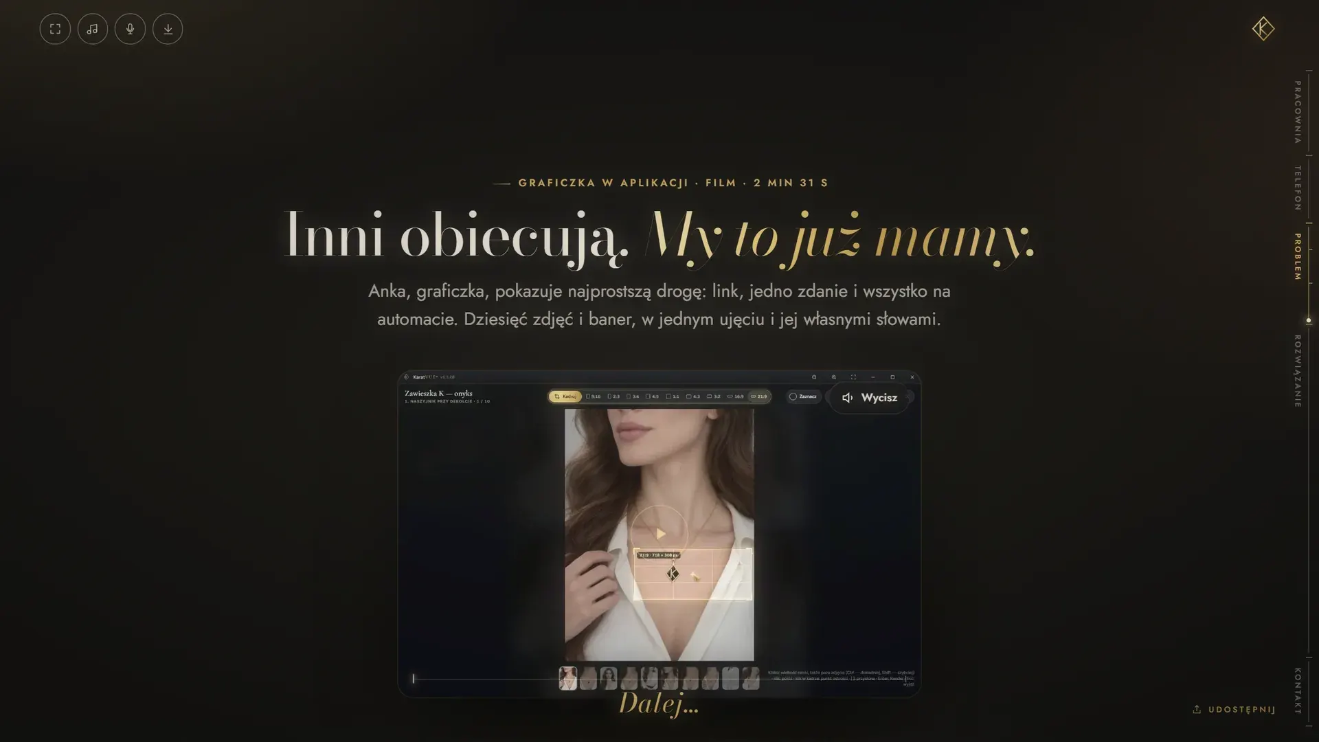 Strona karatvue.com: nagłówek Inni obiecują. My to już mamy, pod nim okno aplikacji ze zdjęciem zawieszki na modelce