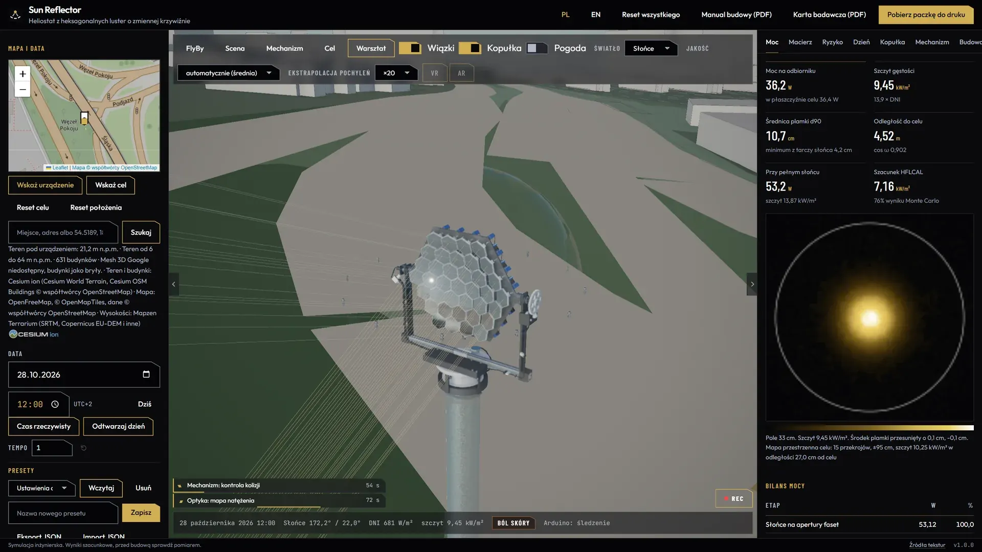 Interfejs aplikacji Sunspot: mapa, scena 3D z heliostatem i wiązkami światła, panel mocy z mapą natężenia