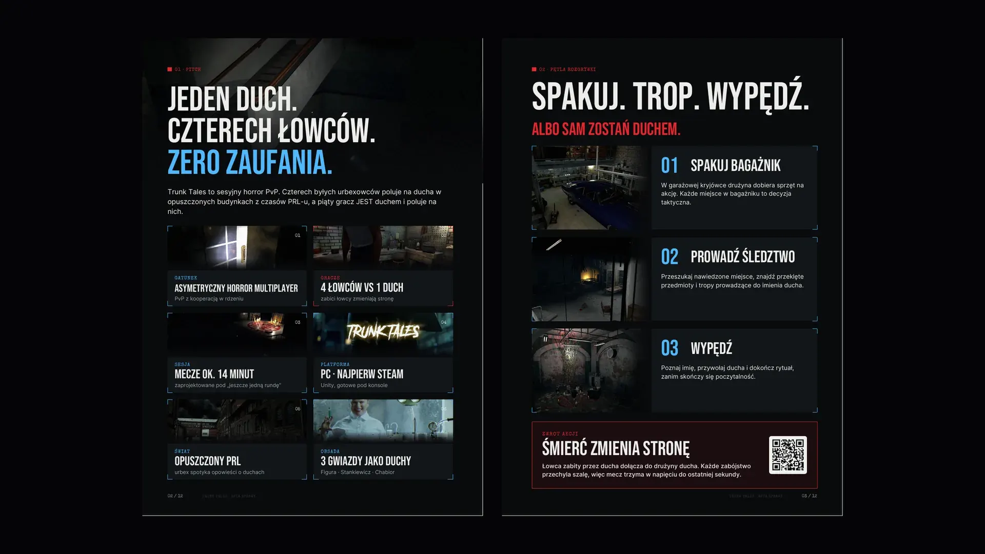 Rozkładówka teczki Trunk Tales: strony Jeden duch, czterech łowców oraz Spakuj, trop, wypędź z kadrami z gry