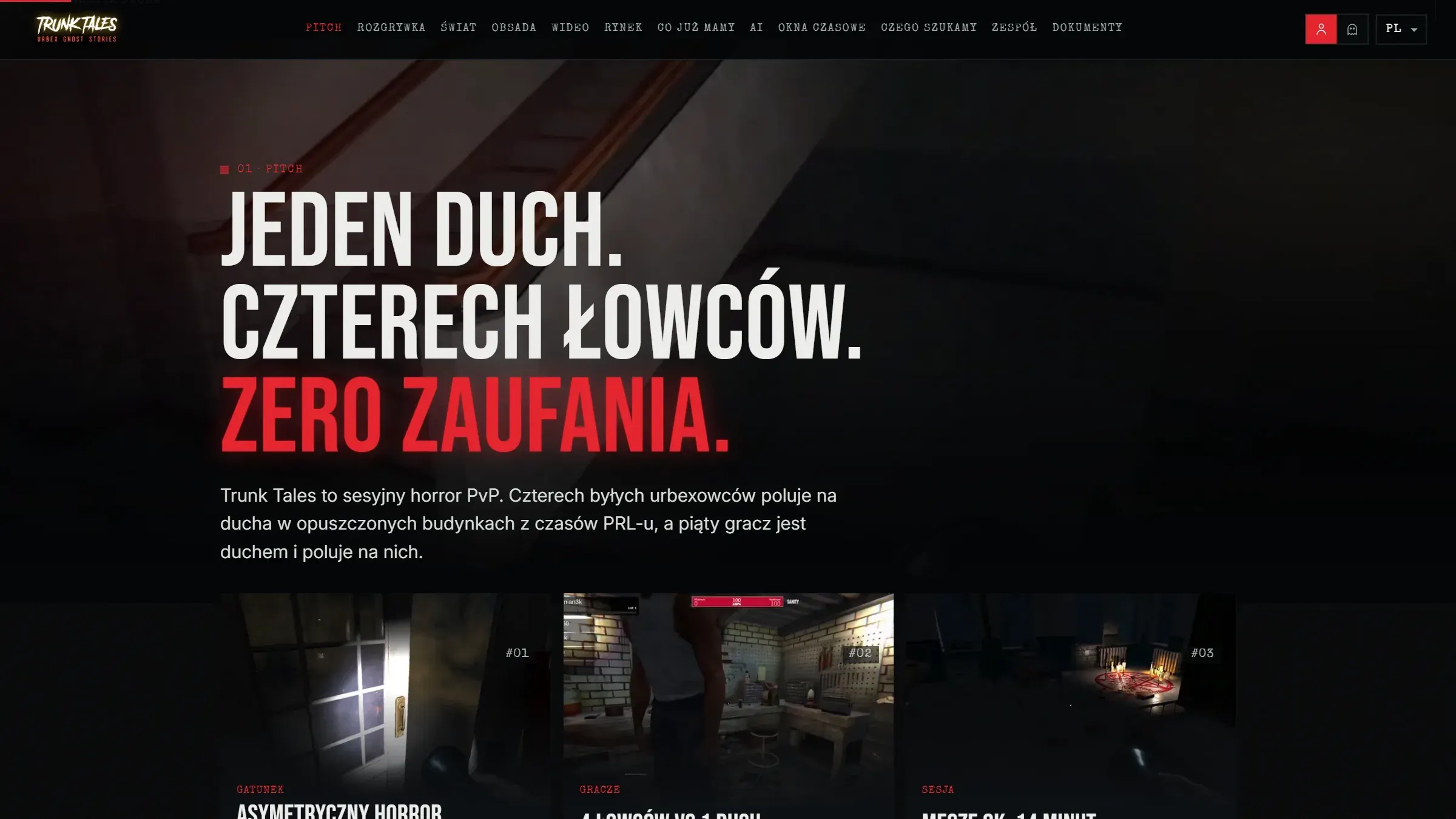Strona Trunk Tales dla wydawców: nagłówek Jeden duch. Czterech łowców. Zero zaufania. i kadry z gry
