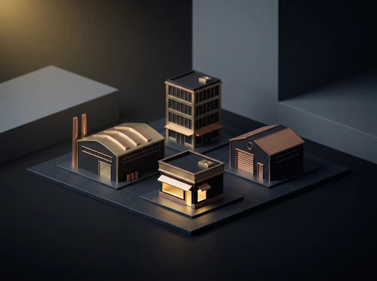 Miniatury czterech budynków firm na ciemnym blacie: hala, biuro, sklep, warsztat, jedna podświetlona złotem